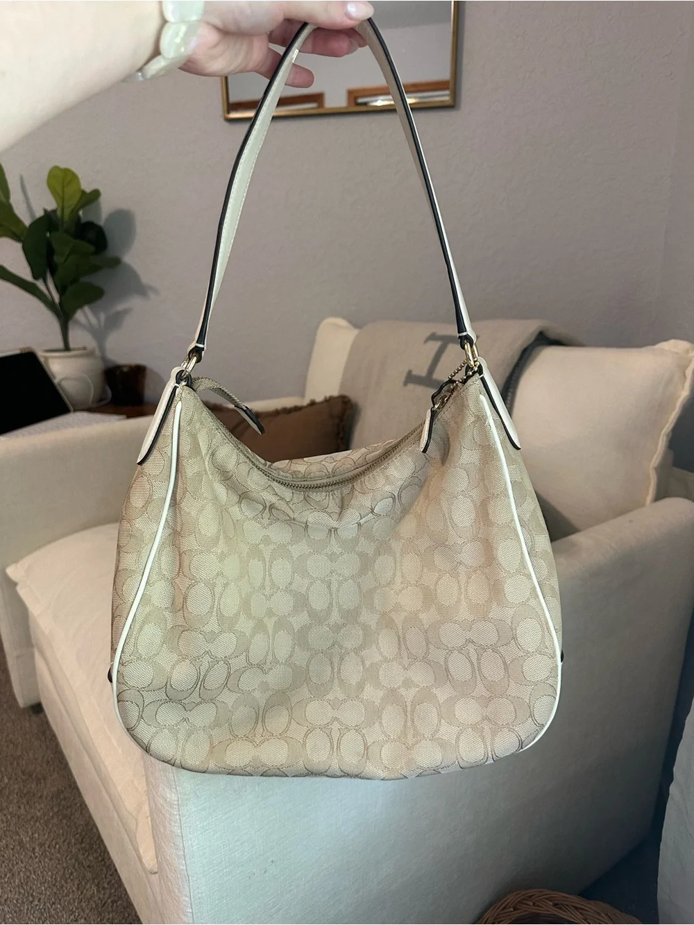 Y2K Coach Beige Signature Canvas Shoulder Hobo